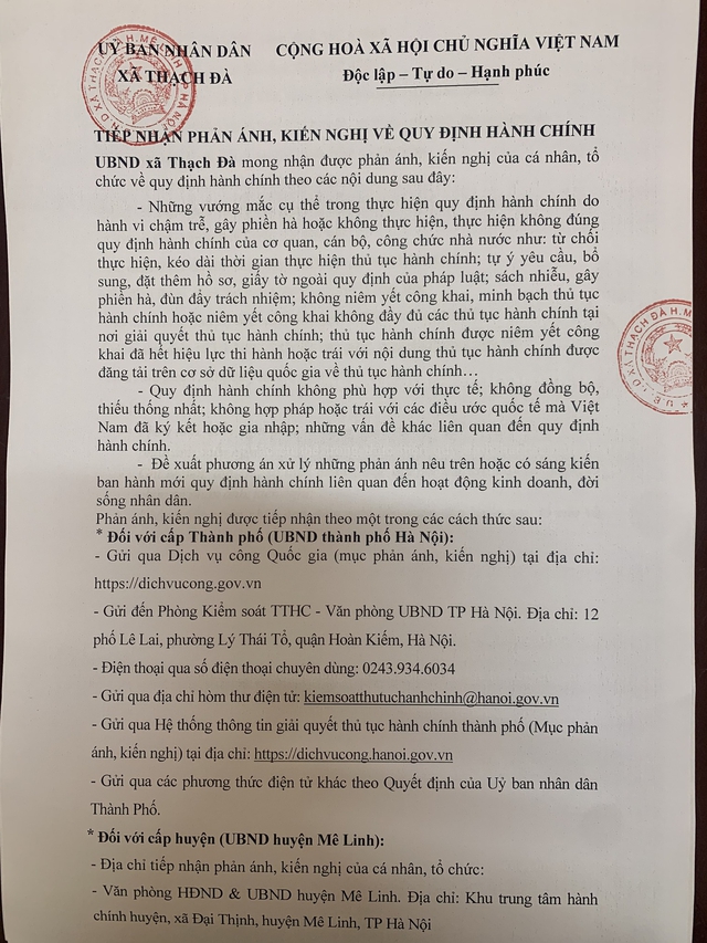 UBND xã Thạch Đà
Tiếp nhận phản ánh, kiến nghị về quy định hành chính - Ảnh 1.