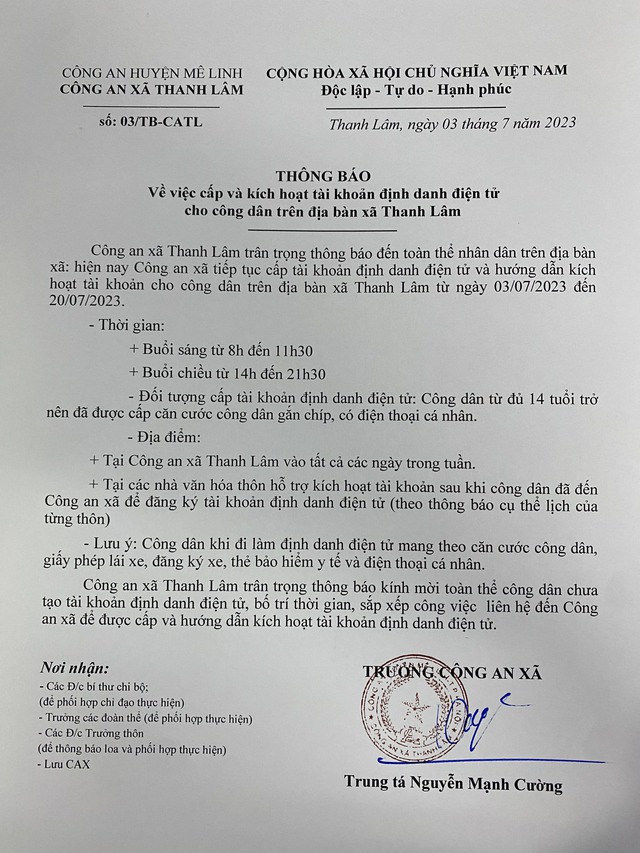 Thông báo về việc cấp và kích hoạt định danh điện tử cho công dân trên địa bàn xã Thanh Lâm - Ảnh 1.