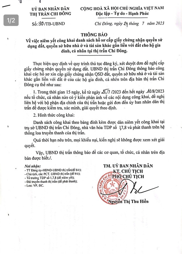 THÔNG BÁO CỦA UBND THỊ TRẤN CHI ĐÔNG VỀ VIỆC NIÊM YẾT CÔNG KHAI DANH SÁCH HỒ SƠ CẤP GIẤY CHỨNG NHẬN QUYỀN SỬ DỤNG ĐÂT, QUYỀN SỞ HỮU NHÀ Ở VÀ TÀI SẢN KHÁC GẮN LIỀN VỚI ĐẤT CHO HỘ GIA ĐÌNH, CÁ NHÂN TẠI THỊ TRẤN CHI ĐÔNG  - Ảnh 1.