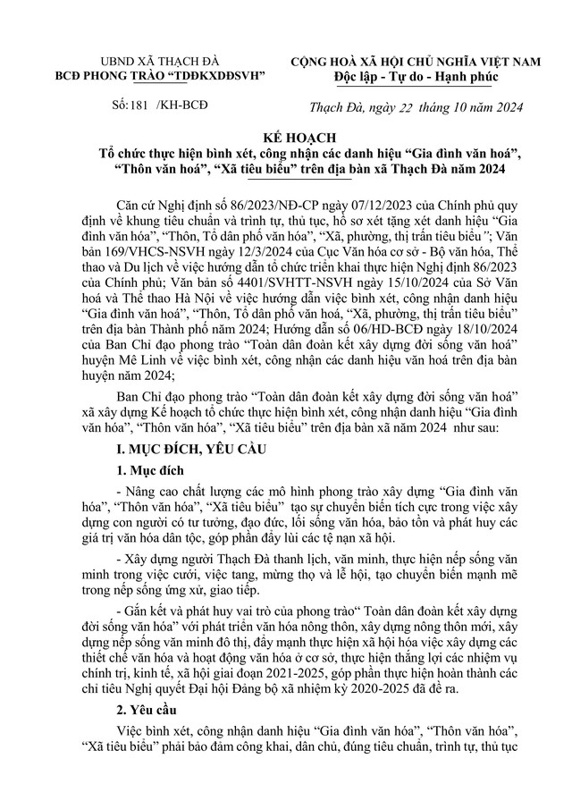 Kế hoạch tổ chức thực hiện bình xét, công nhận các danh hiệu "Gia đình văn hoá", "Thôn văn hoá", "Xã tiêu biểu" trên địa bàn xã Thạch Đà năm 2024- Ảnh 1.