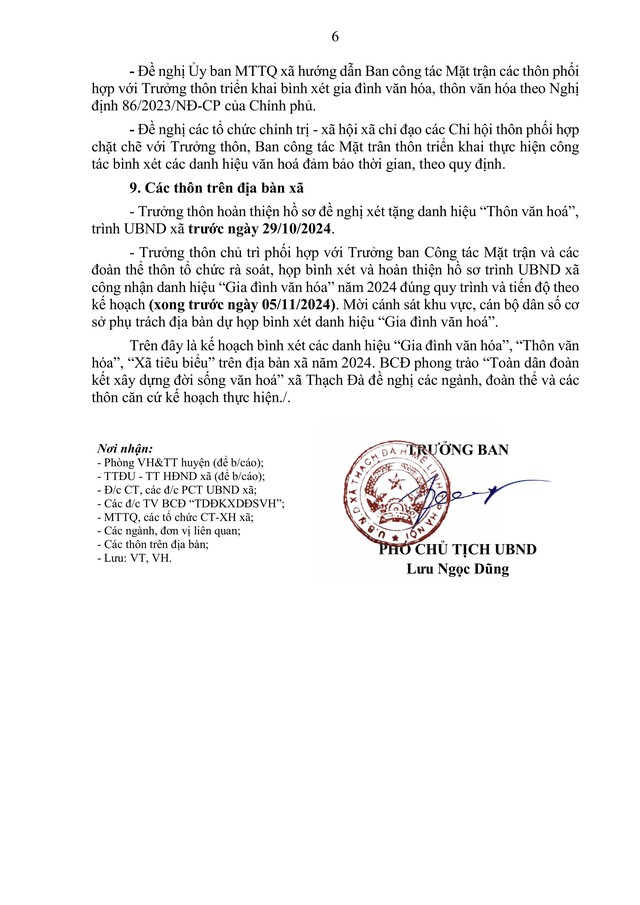 Kế hoạch tổ chức thực hiện bình xét, công nhận các danh hiệu "Gia đình văn hoá", "Thôn văn hoá", "Xã tiêu biểu" trên địa bàn xã Thạch Đà năm 2024- Ảnh 6.