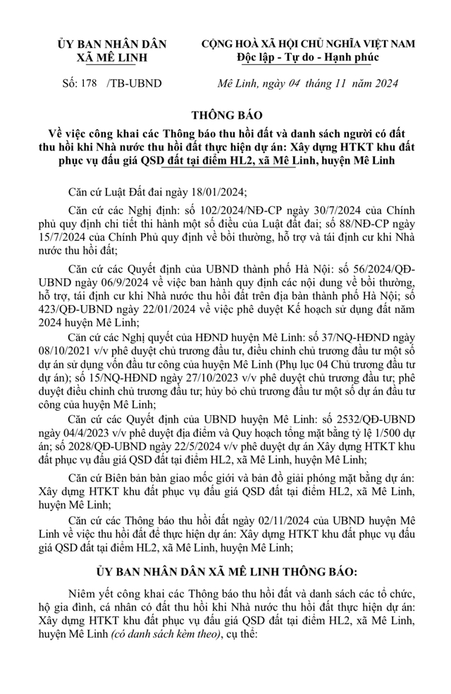 Thông báo Niêm yết công khai thông báo thu hồi đất của UBND xã Mê Linh- Ảnh 1.