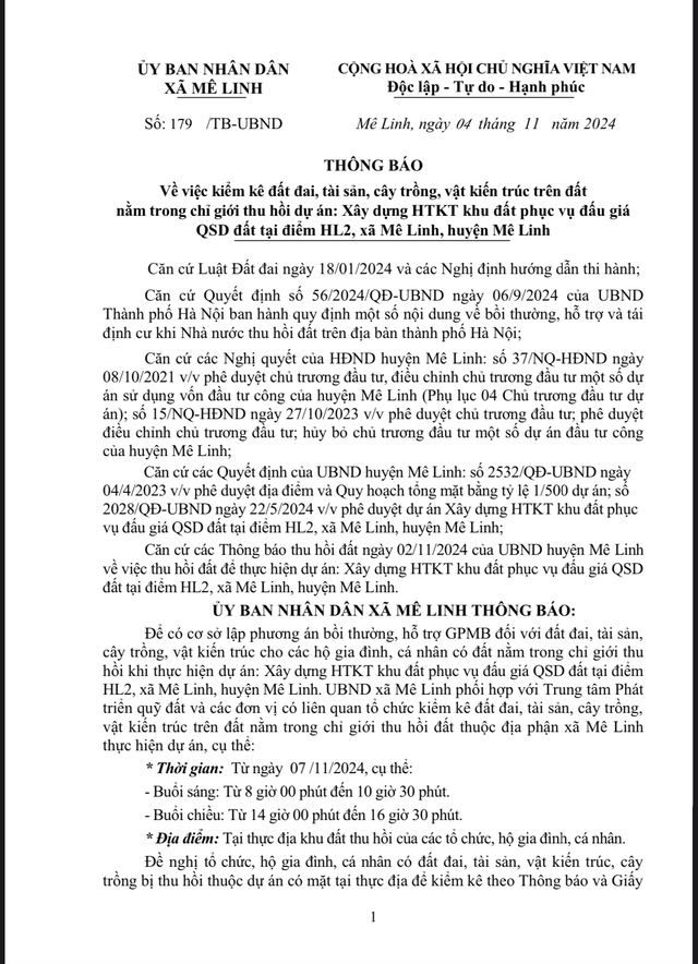 Thông báo về việc kiểm kê đất đai, tài sản, cây trồng, vật kiến trúc nằm trong chỉ giới thu hồi dự án- Ảnh 1.