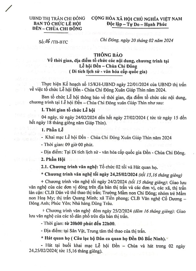 THÔNG BÁO CỦA BTC LỄ HỘI TRUYỀN THỐNG ĐỀN - CHÙA CHI ĐÔNG XUÂN GIÁP THÌN NĂM 2024- Ảnh 1.