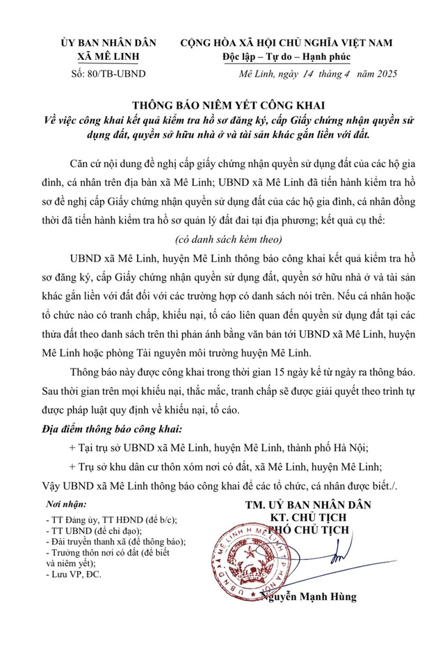 UBND xã Mê Linh thông báo công khai kết quả kiểm tra hồ sơ đăng ký, cấp Giấy chứng nhận quyền sử dụng đất, quyền sở hữu nhà ở và tài sản khác gắn liền với đất- Ảnh 1. UBND xã Mê Linh thông báo công khai kết quả kiểm tra hồ sơ đăng ký, cấp Giấy chứng nhận quyền sử dụng đất, quyền sở hữu nhà ở và tài sản khác gắn liền với đất- Ảnh 1.