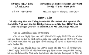 Thông báo Niêm yết công khai thông báo thu hồi đất của UBND xã Mê Linh