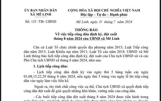 Thông báo về lịch tiếp công dân định kì, đột xuất tháng 8 của UBND xã Mê Linh